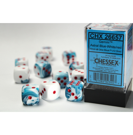 Gemini 16mm d6 Astral Blue-White w/red Dice Block (12 dice)