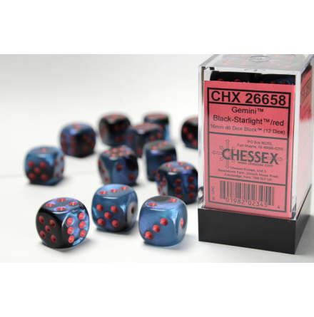 Gemini 16mm d6 Black-Starlight w/red Block (12 dice)