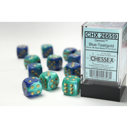 Gemini 16mm d6 Blue-Teal w/gold Block (12 dice)