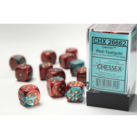 Gemini 16mm d6 Red-Teal with gold Block (12 dice)