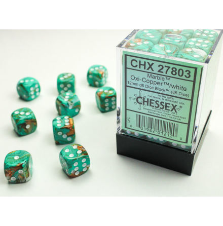 Marble 12mm d6 Oxi-Copper/white Dice Block (36 dice)