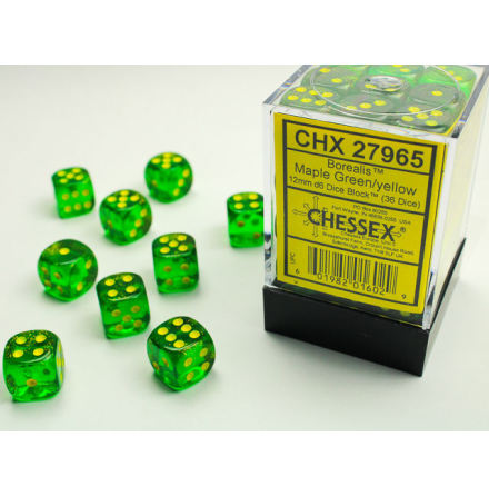 Borealis 12mm d6 Maple Green/silver Dice Block (36 dice)