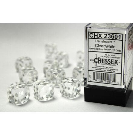 Translucent 16mm d6 Clear/white Dice Block (12 dice)